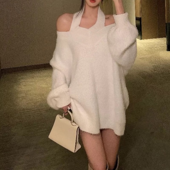Sweater dress shirt halter reversible style white womens off shoulder - Picture 10 of 16